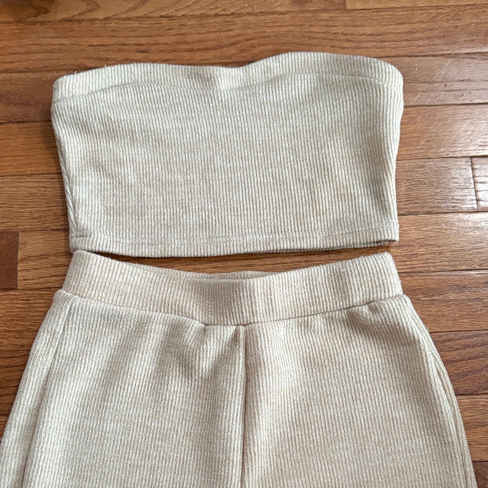 Beige Ribbed Strapless Top and Short Set